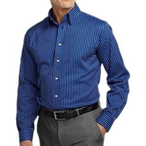 Paul Frederick Cobalt Blue Striped Button Down Shirt 16 x 36 Long Sleeve Cotton